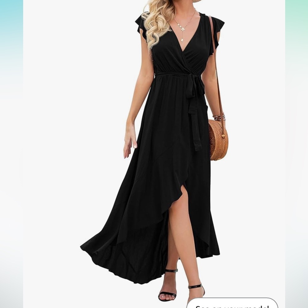Grecelle Amazon Black Bohemian Ruffle Wrap like hi low hem Dress Size XL